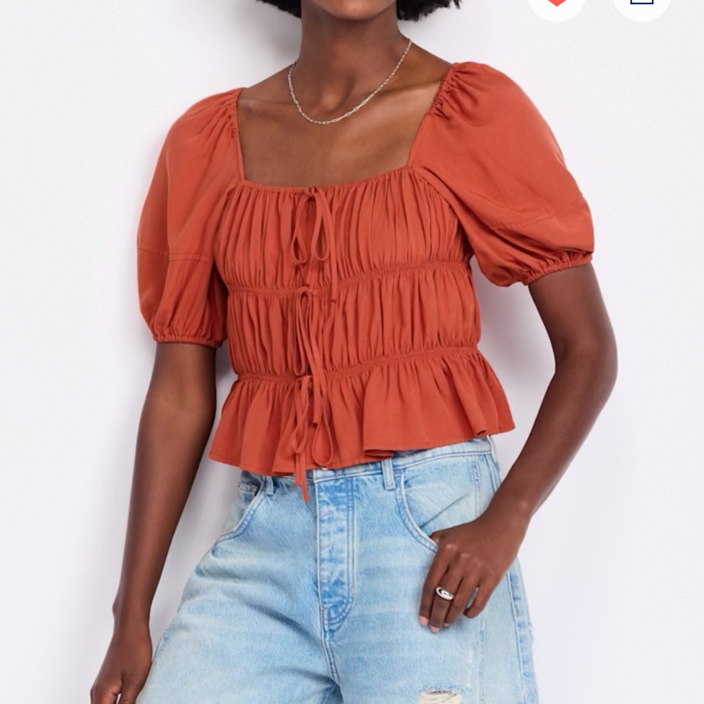 Ruched Tie-Front Red Puff-Sleeve Crop Top